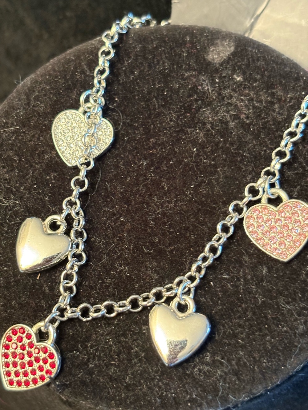 Silver Heart Charm Bracelet with Pink & Red Crystal Hearts